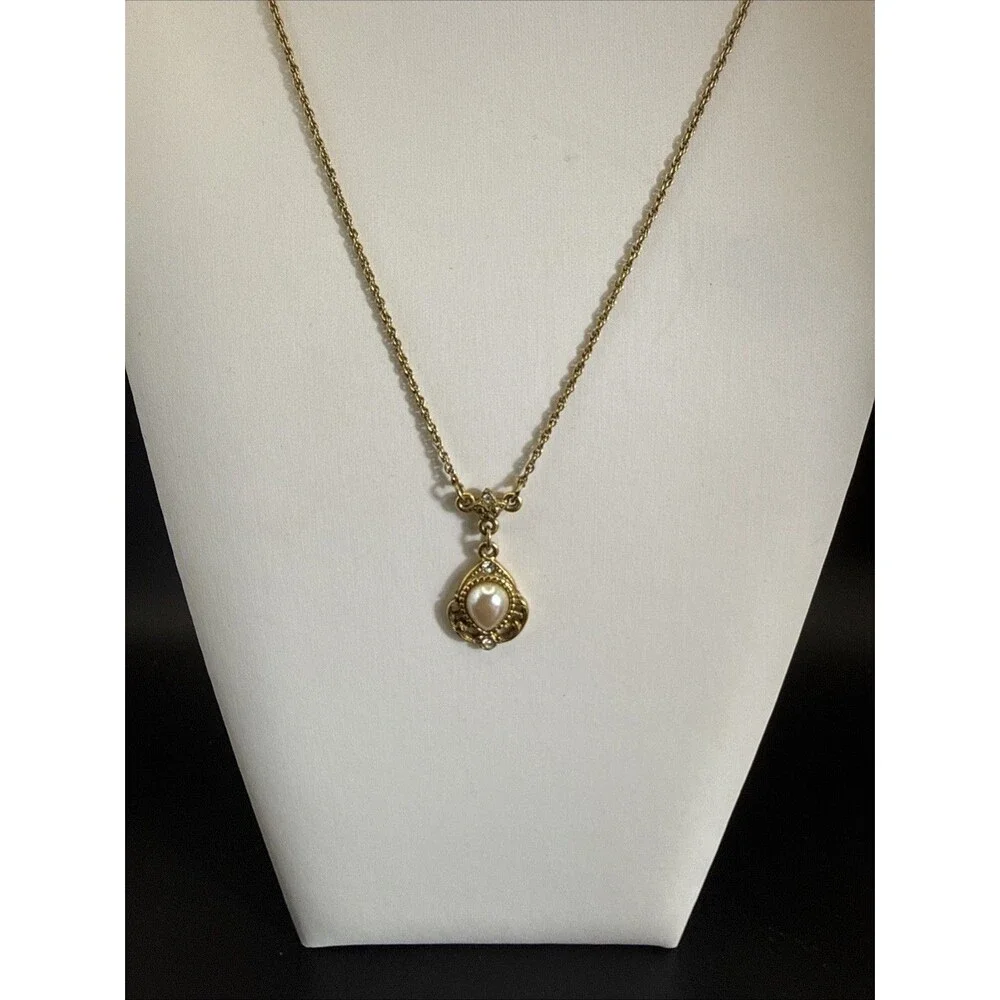 1928 Jewelry Faux Pearl Teardrop Gold Tone Rhinestone Accent Pendant Necklace
